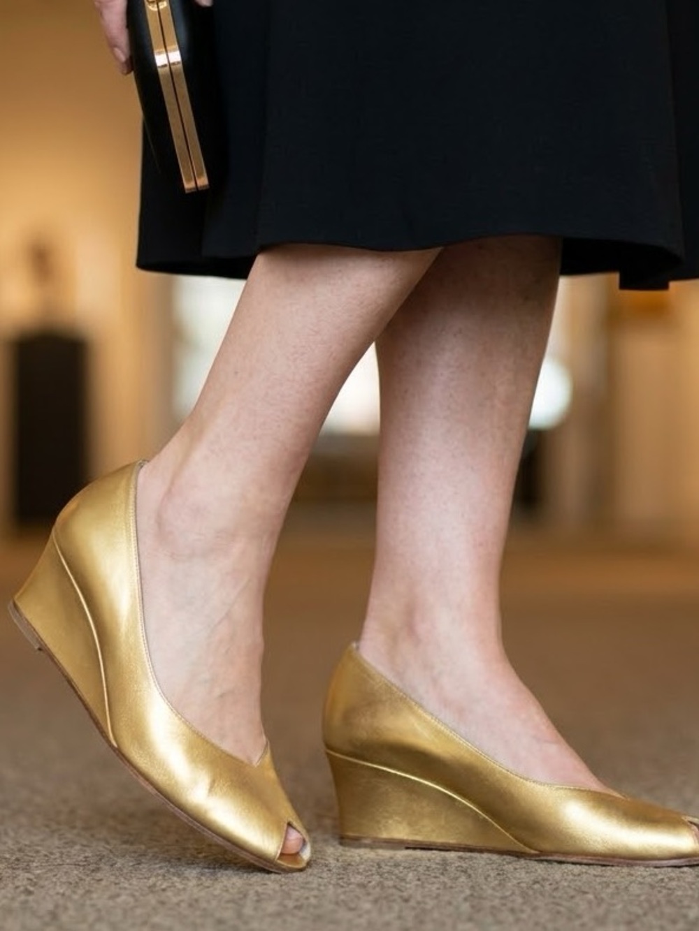 Bruno Magli Metallic Gold Leather Peep-Toe wedge heels